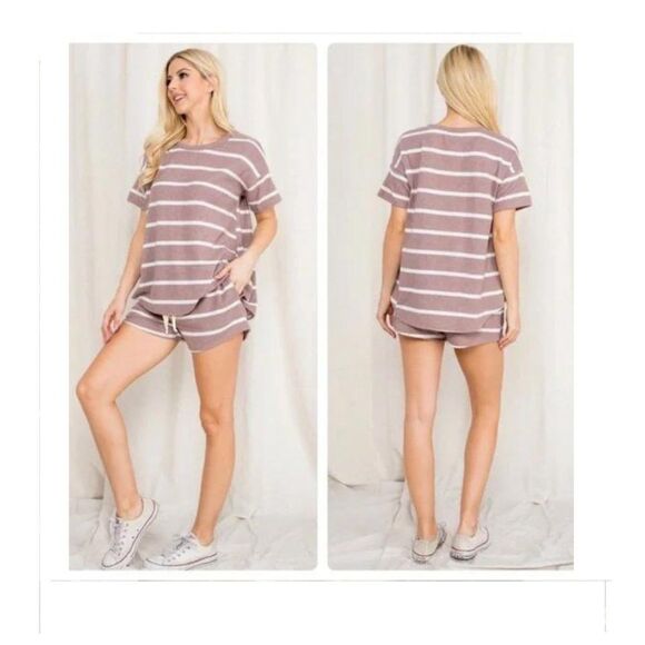 Mocha Short Sleeve Striped Top and Short Set  Sizes M-L-XL - Picture 4 of 7